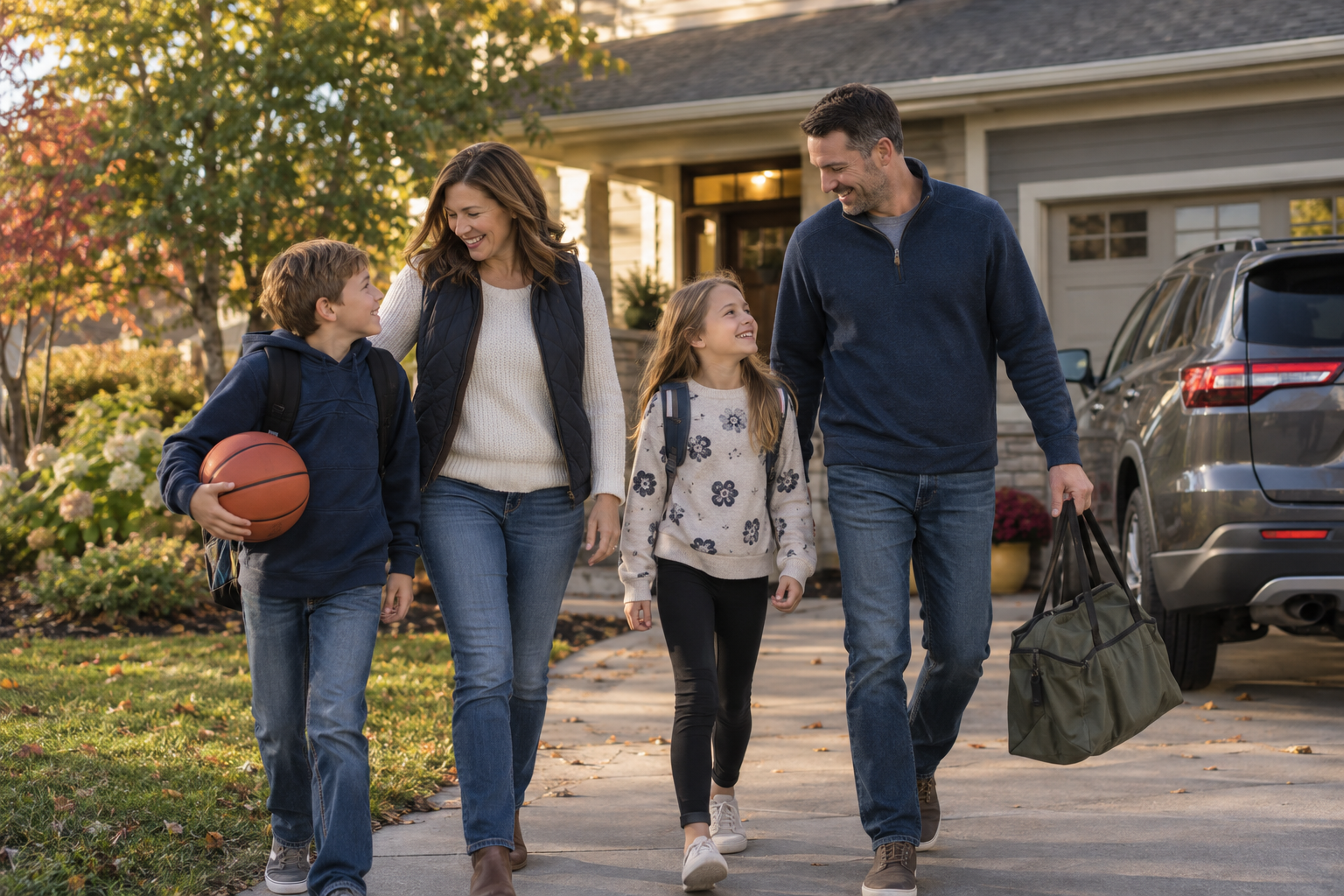 Illustrative scene of a family outside their home with a vehicle in the driveway